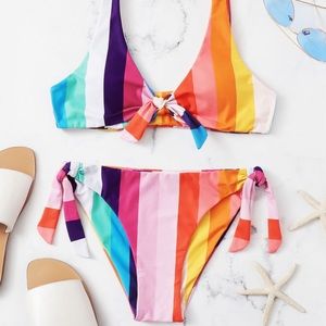Rainbow striped knot front bikini